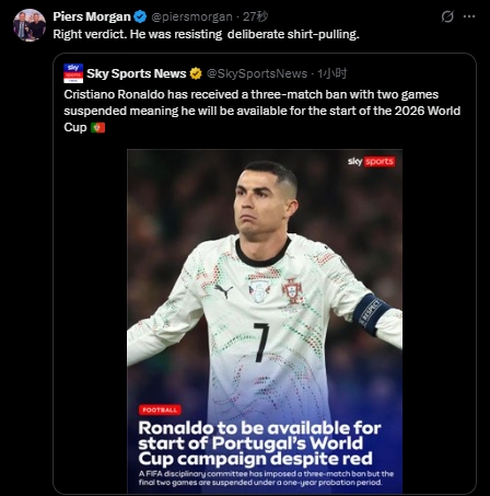 Cristiano Ronaldo will not miss the World Cup due to dyeing red! Morgan: Correct decision! He s fighting against getting his jersey pulled.